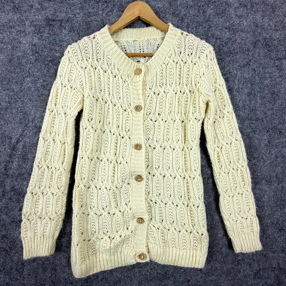 Vintage Womens Cardigan Sweater Small Beige Cable Knit Winter Long Crochet Boho